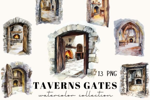 Watercolor Taverns Gates: Medieval Town Illustrations